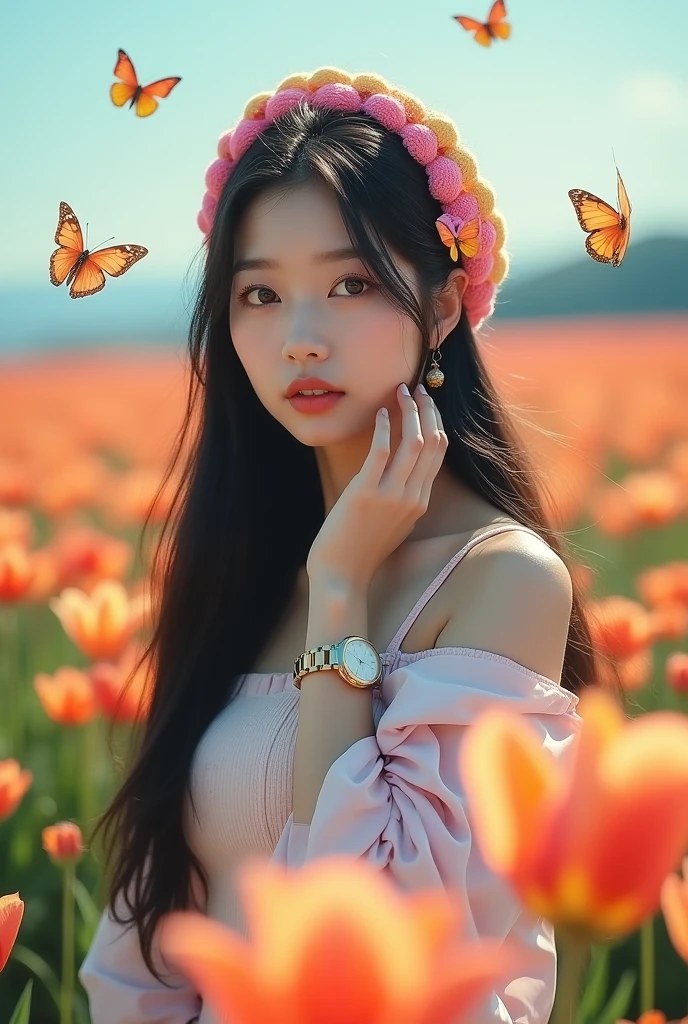 Beautiful Korean girl, smooth white skin, well-groomed face, long straight black hair posing in a very lush and beautiful flower field, lots of butterflies flying, shiny pink yellow knitted hoop, decorated with butterfly motifs, cool watch, original photo