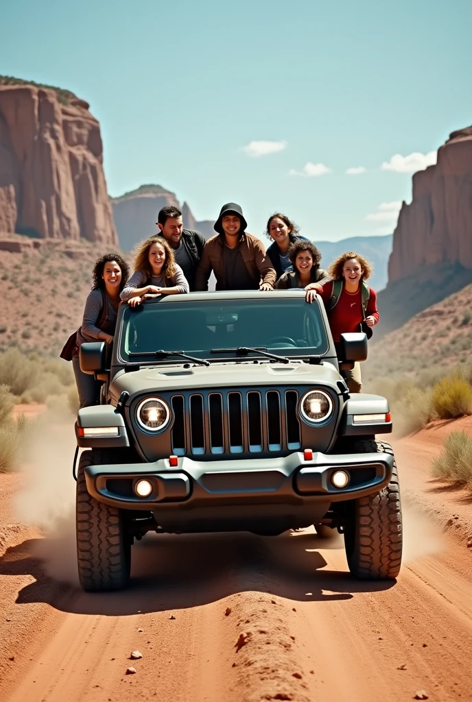 People getting onto a jeep in a hurry