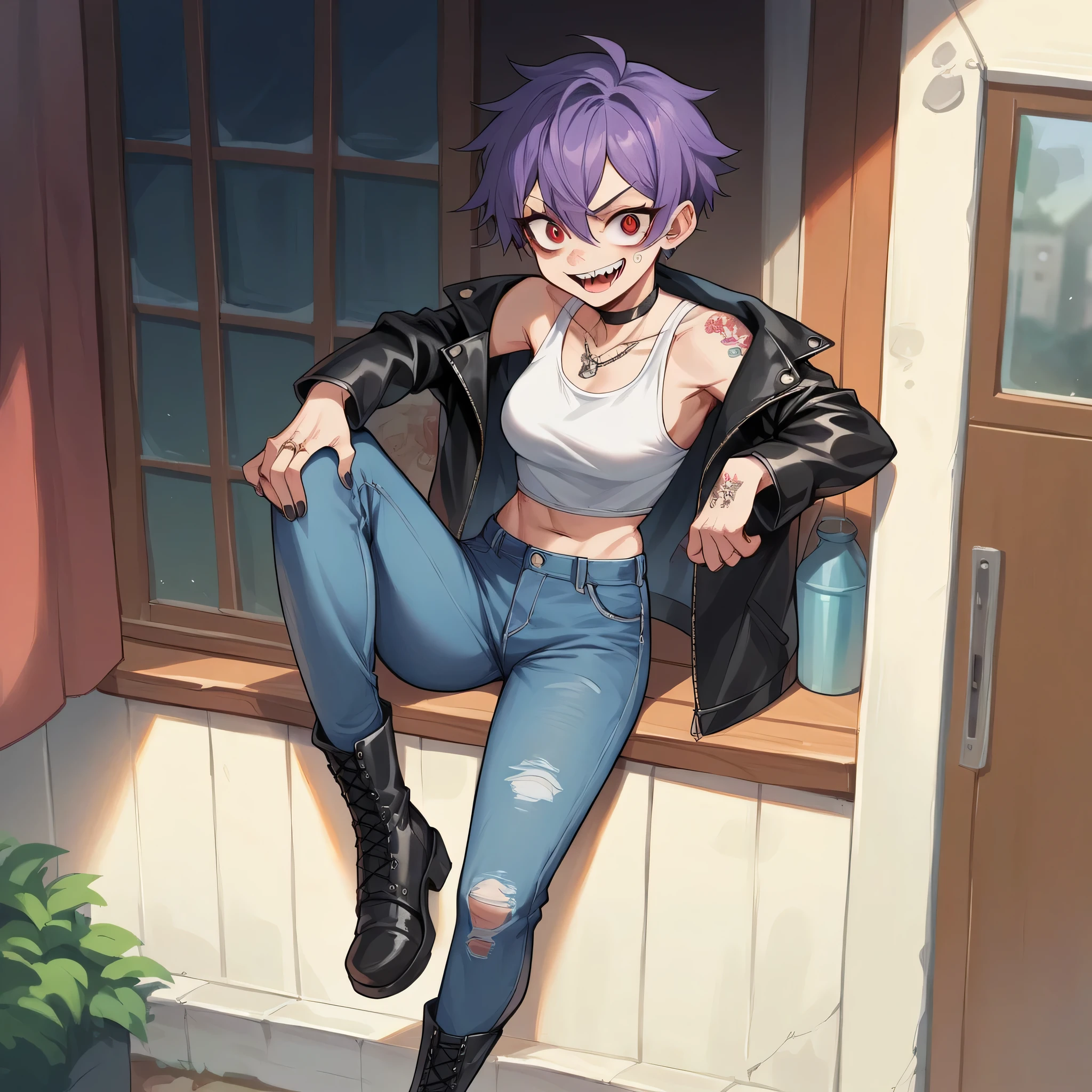 a crazy looking girl with short purple hair and red eyes. She has tattoos and wears a white tank top, black leather jacket, dark blue skinny jeans, and black boots. you see her inside a house as you two are at college house party
