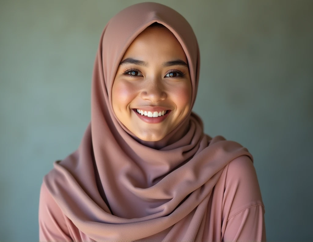 Malaysian girl naked wearing hijab, beautiful face smiles sweetly, small breasts