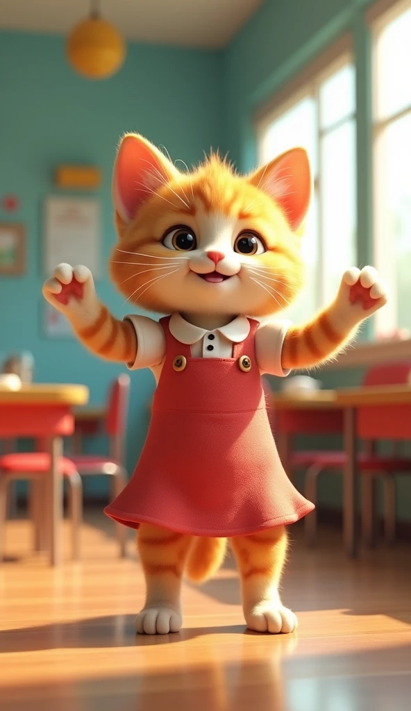 School lunch attendant kitten upright dance 3d