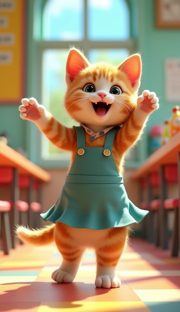 School lunch attendant kitten upright dance 3d