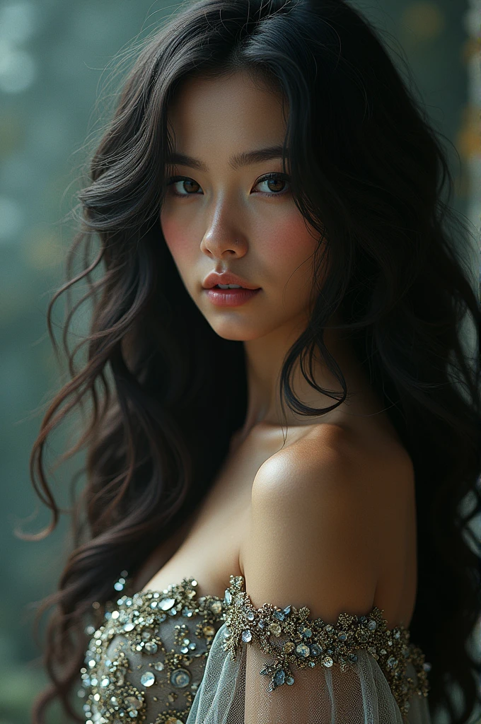 A woman with long curly hair, brown eyes with eyeliner and clothes and a dress with glitter 