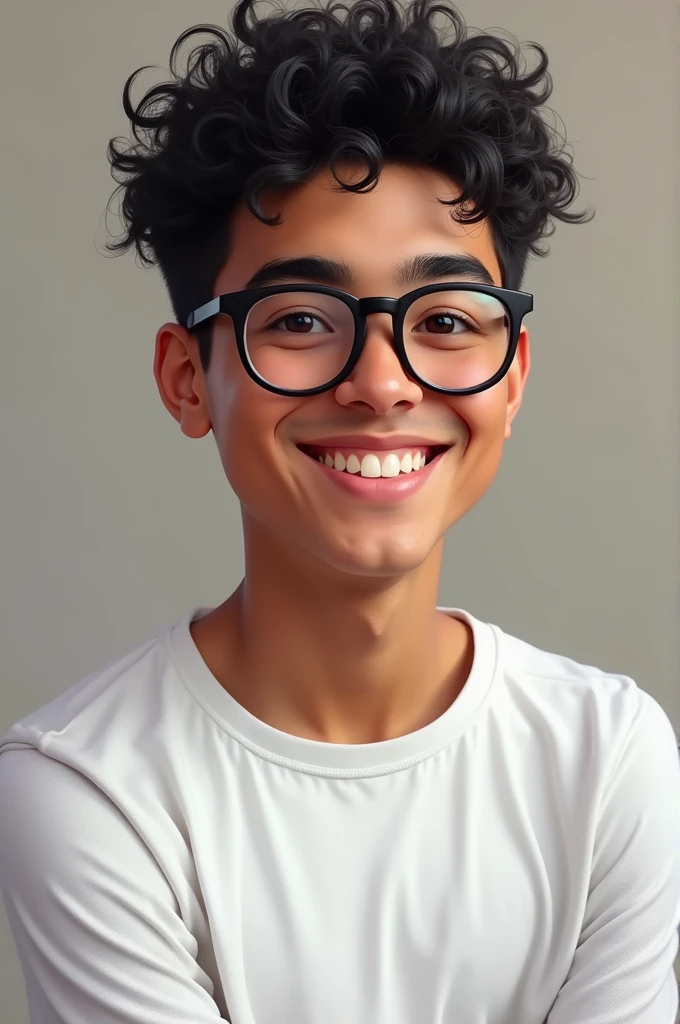 Mexican boy of 20 years old with dark skin, curly hair a little short with black glasses, a little thin and with a white long-sleeved shirt smiling and with dimples in his cheeks