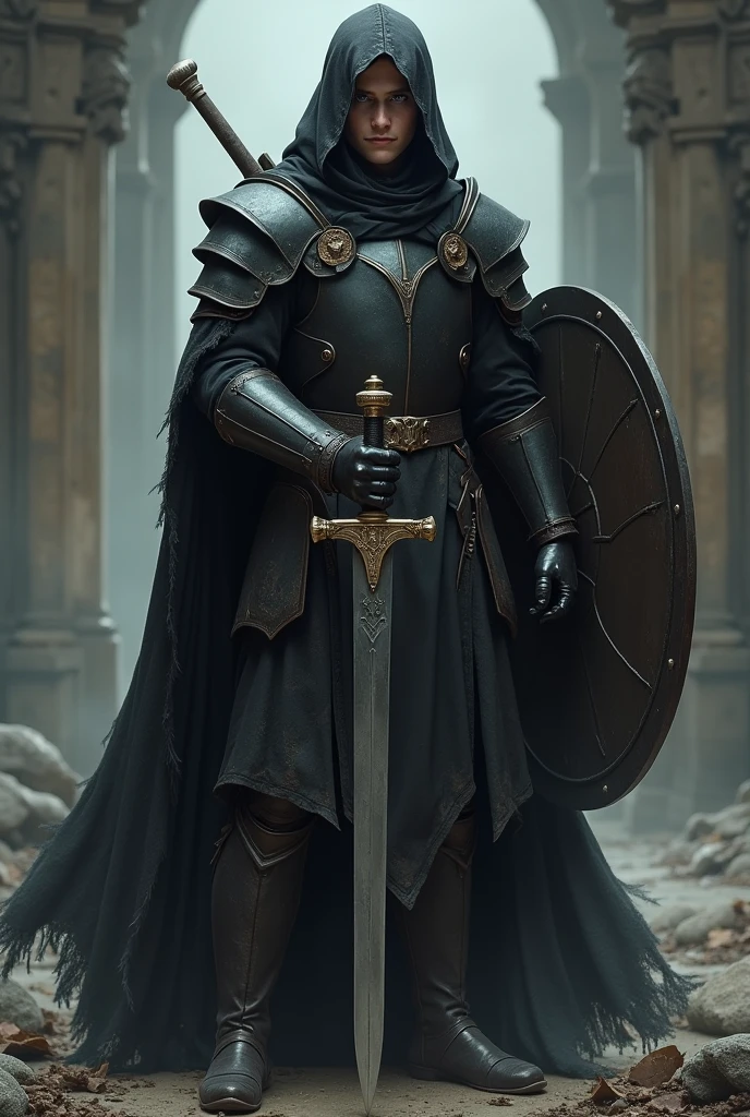 Young Dark Paladin, thin and slender with a saber in one hand and a buckler in the other, wearing an old, dark armor breastplate and a dark overcoat showing a bit of his face