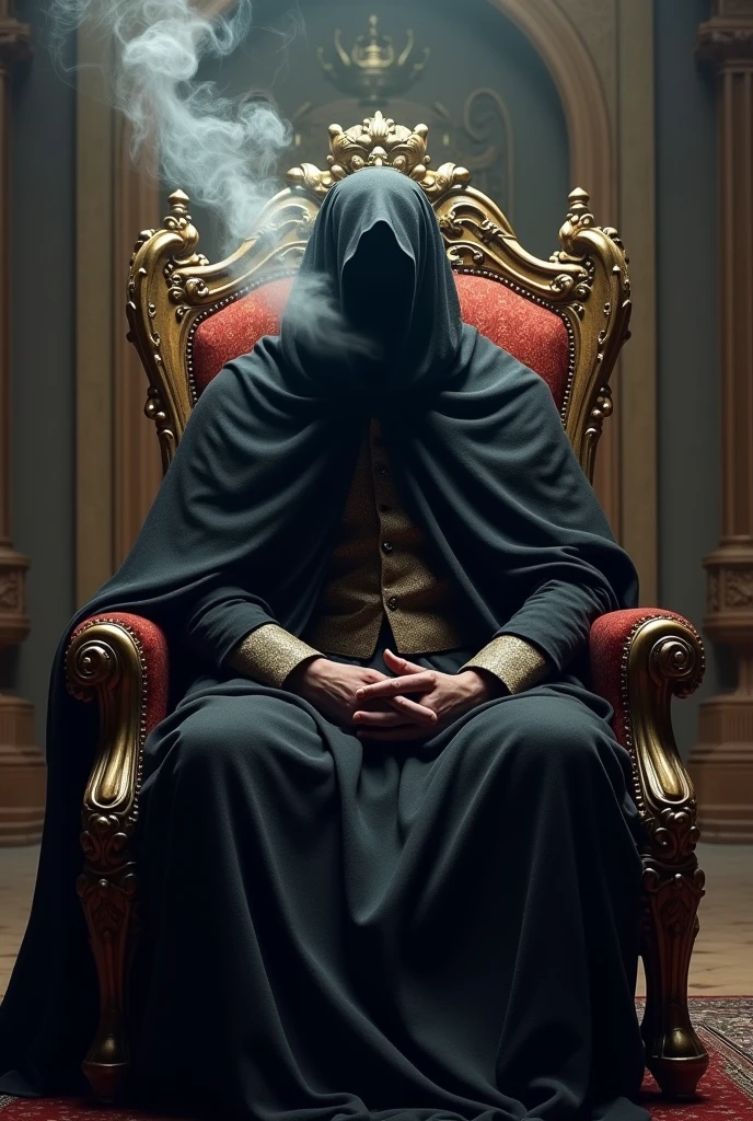The king was smoking sitting on a chair with his face wrapped in a black cloth