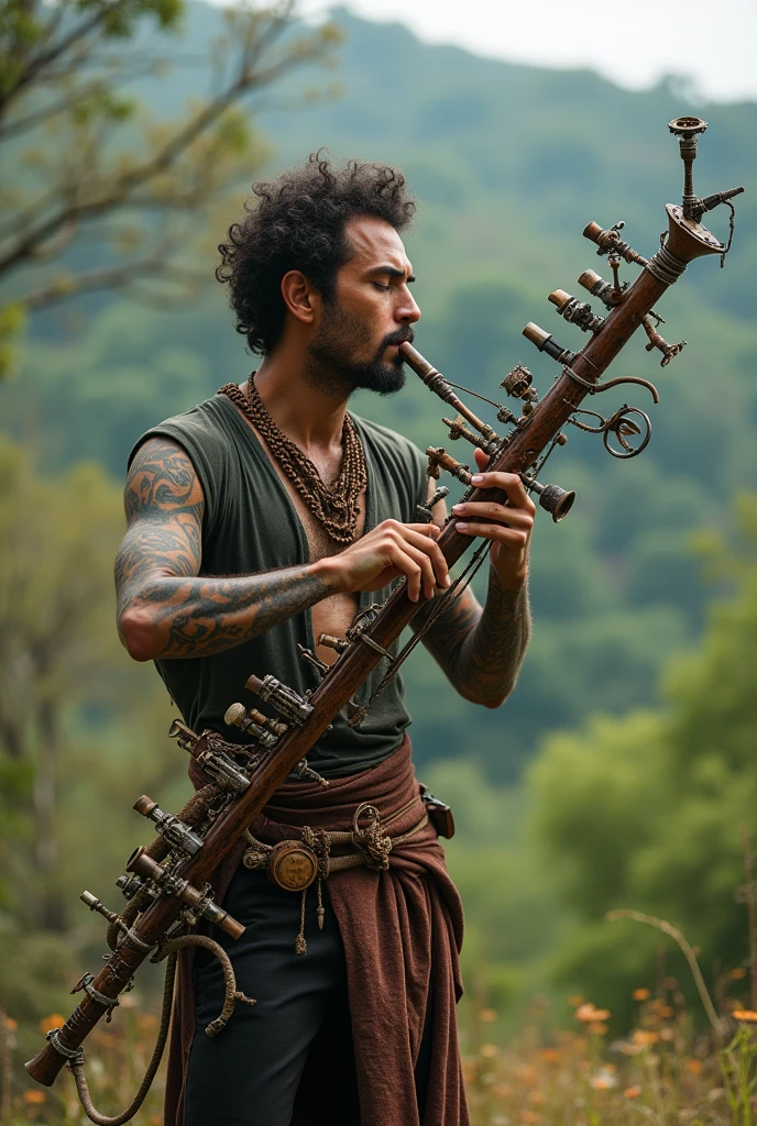 A man is playing a full body flute