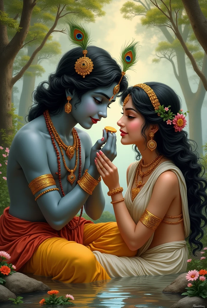 A bal Krishnana eating makkhan with radha