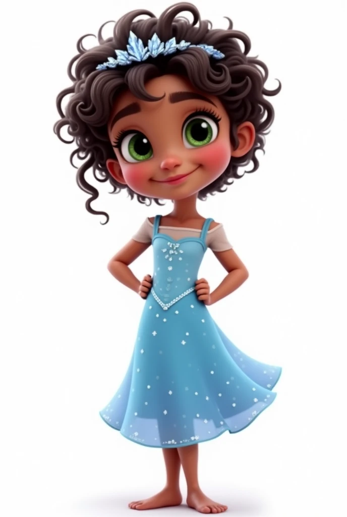 Create a high-definition cartoon-style image (HD) and high quality, with bright colors and well-defined lines. The image must include:A  girl, Standing with hands on hips,dancing with brown skin with dark brown hair with lots of curls and very short, at ear level, she wears a crown of ice. leaf green eyes, happy and expressive. She is wearing a light blue dress with small shiny rhinestones., inspired by the character Elsa from the movie "frozen".  A is smiling and looking at the camera, must appear full-length with hands on waist.
The image must have a white rendered background.

