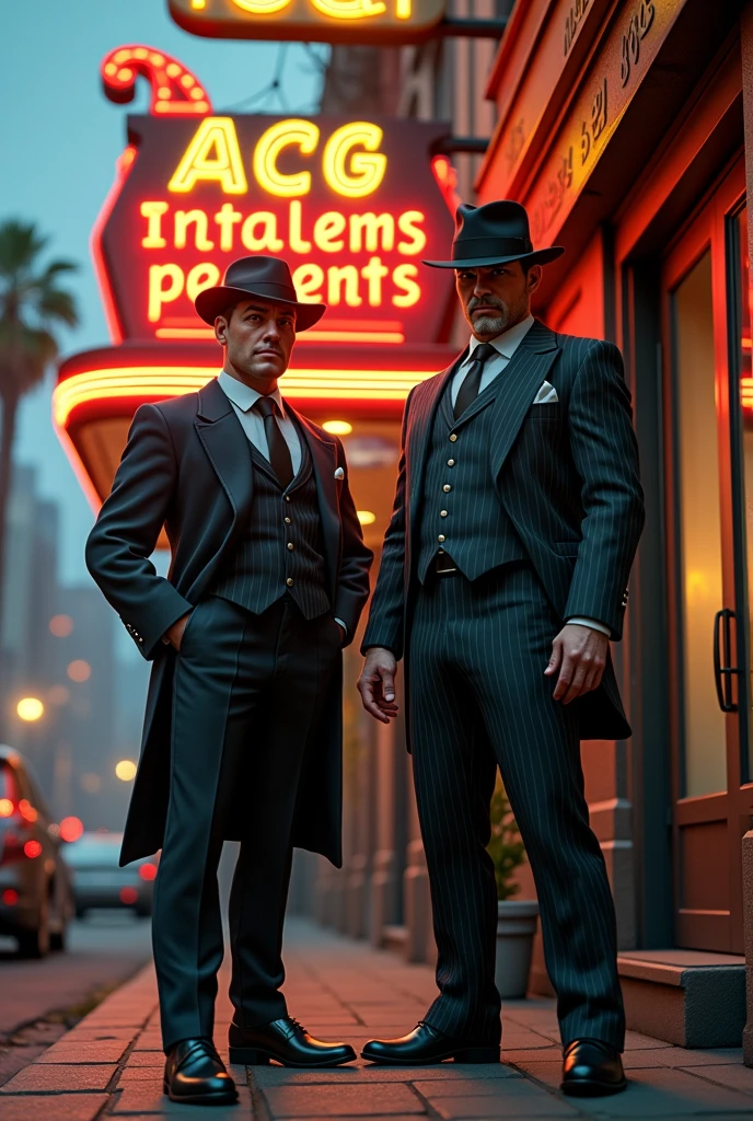 Two 1920s gangsters stabdinf outside an italian restaurant. Restaurant sign says "ACG PRESENTS" using 3d cartoon imagry
