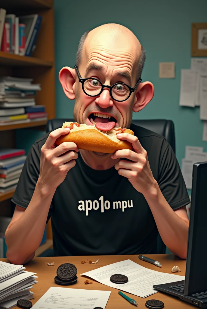white male, 40 year old, baldie, wrinkled and completely smooth face, no fur, cheeky, Scrawny, but very pot-bellied, wearing glasses and eating baguette with lots of ham. Sitting behind a rather messy desk with a computer, stacks of papers, Oreo crumbs and cookies. Wearing a black shirt with the following phrase: APO1O MPU. 