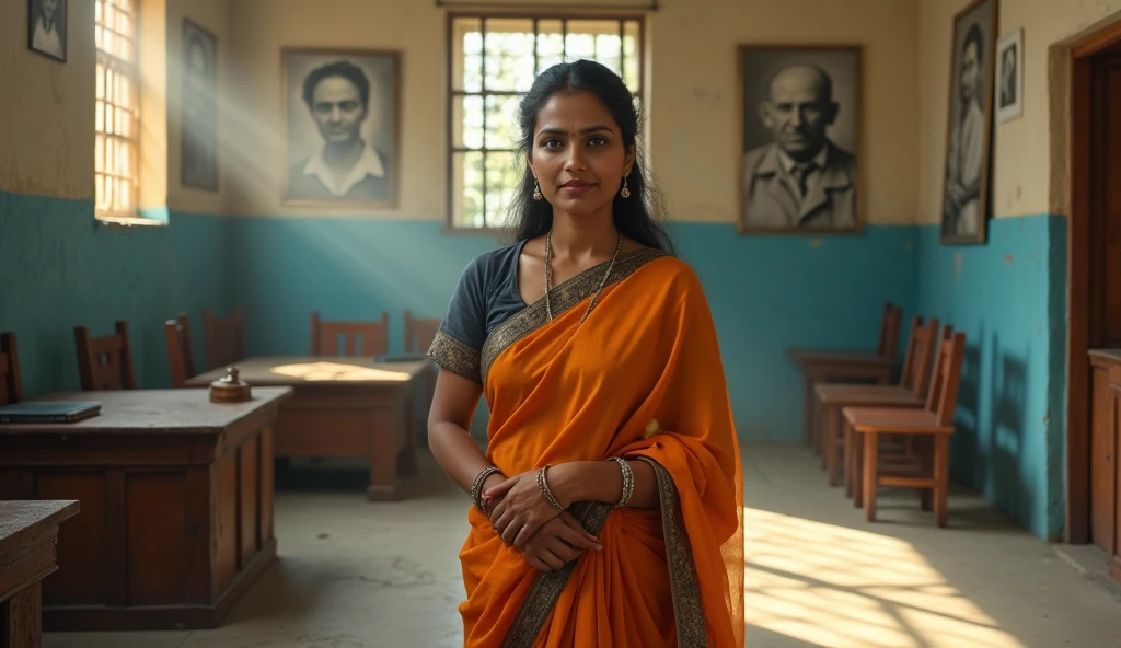 Create a realistic portrait of an intelligent Indian woman in her late 40s to early 50s, dressed in a crisp, professional saree. Her eyes, kind yet resolute, exude confidence, authority, and deep empathy. She stands in an Indian rural village courtroom with sunbaked, faded blue-and-white walls, and high, barred windows. Sunlight streams through, highlighting the dust motes in the air and the cracked, off-white tile floor. The courtroom is modest, with mismatched chairs, wooden cabinets filled with dusty files, and a simple judge's table with a chipped gavel. Black-and-white photos of freedom fighters hang slightly askew on the walls, adding to the rustic charm. Advocate Sudha, calm and composed, radiates respect and strength, embodying a lawyer dedicated to justice and the rights of the underprivileged.