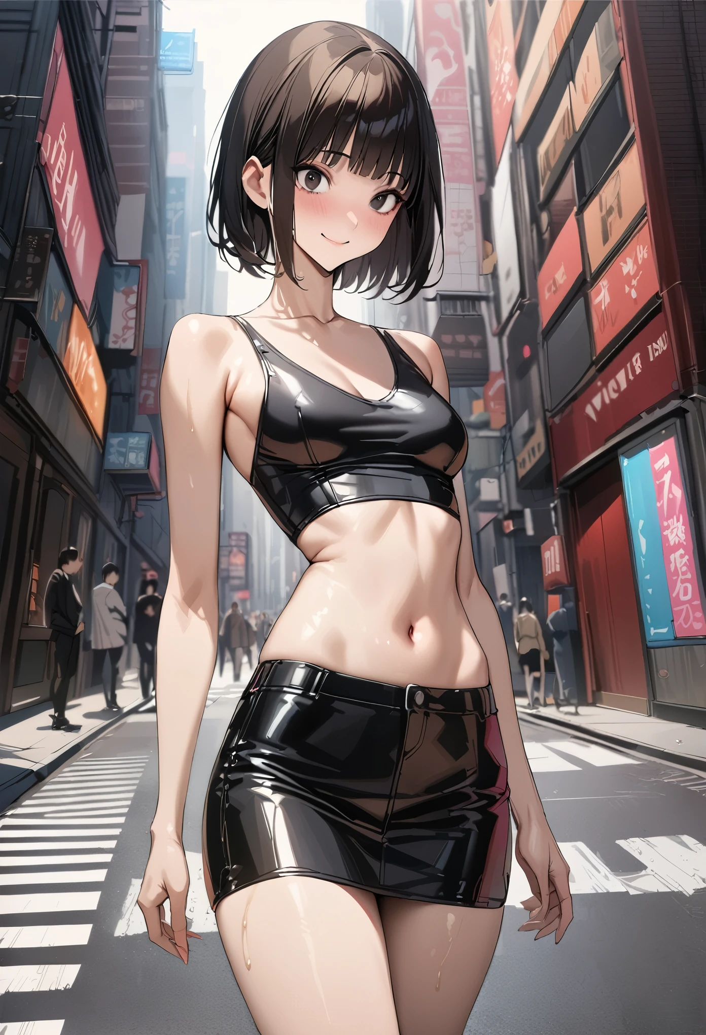 ((masterpiece,best quality anime,Highest quality:1.3)),realistic,cowboy shot,1woman,(30 year old beauty),((very small head:1.4)),((very long body:1.4)),(short bob hair),black hair,(gorgeous big eyes),black eyes,smile,((slender body:1.4,skinny:1.3)),medium breasts(Punk Fashion、Black tank top,navel、Black leather mini skirt),oily skin,gleaming skin,shiny skin,standing,on street,New York City、