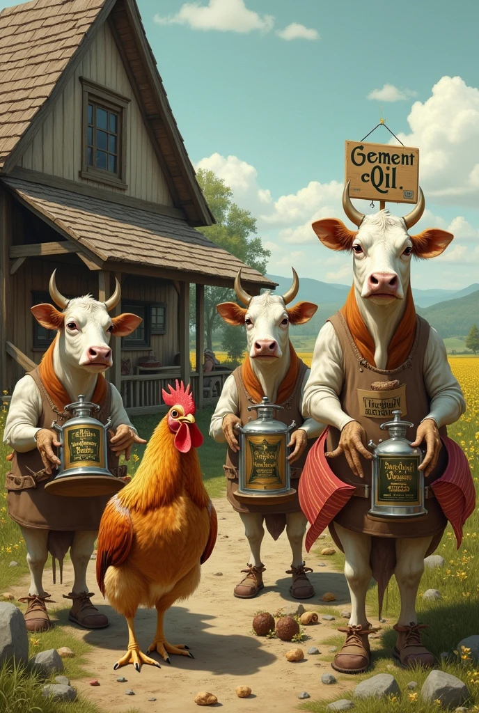 cows and chickens selling oil 

