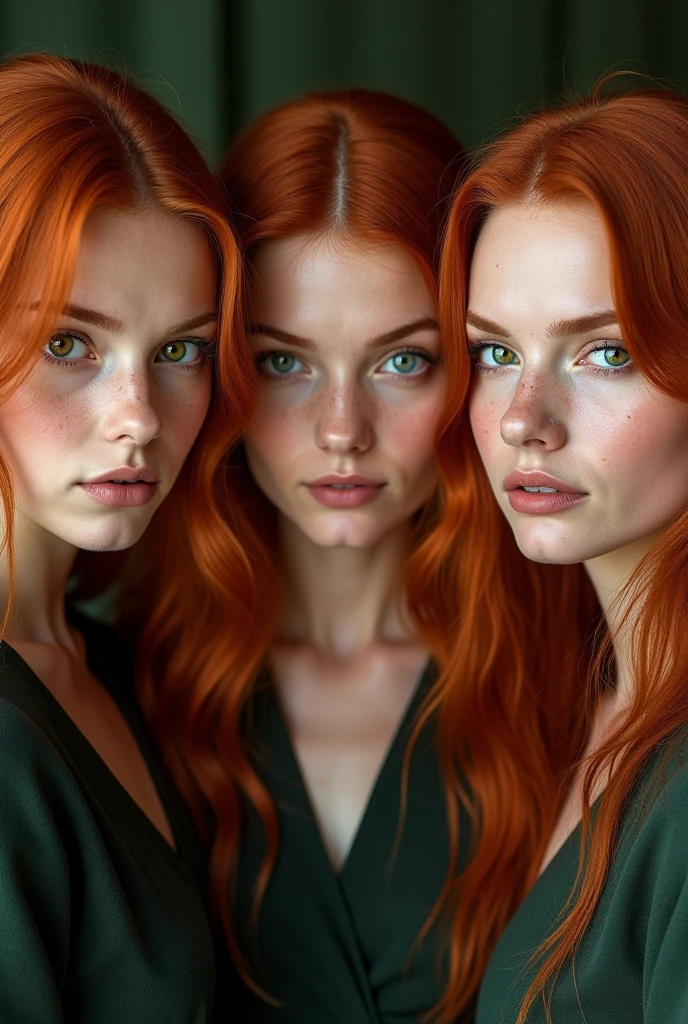 Realistic photo of a beautiful 3 redhead woman, marked features, Realistic UHD