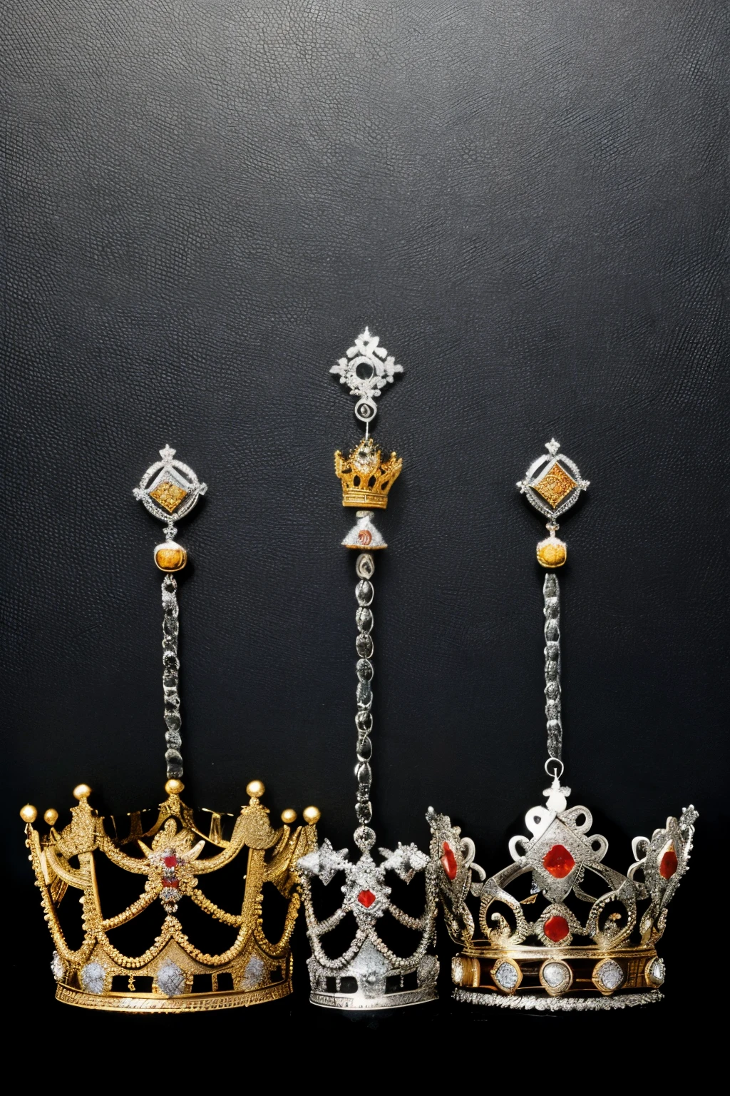 A silver background. Three crowns. The middle one is gold with black stones. The crown on the right is made of black diamond with red stones. The crown on the left is made of iron with blue stones. An iron sword cuts the middle crown in half (真实感)