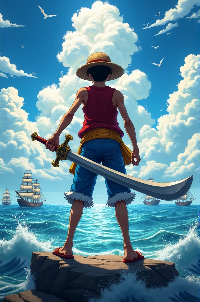 Create an image of Luffy being the king of the pirates