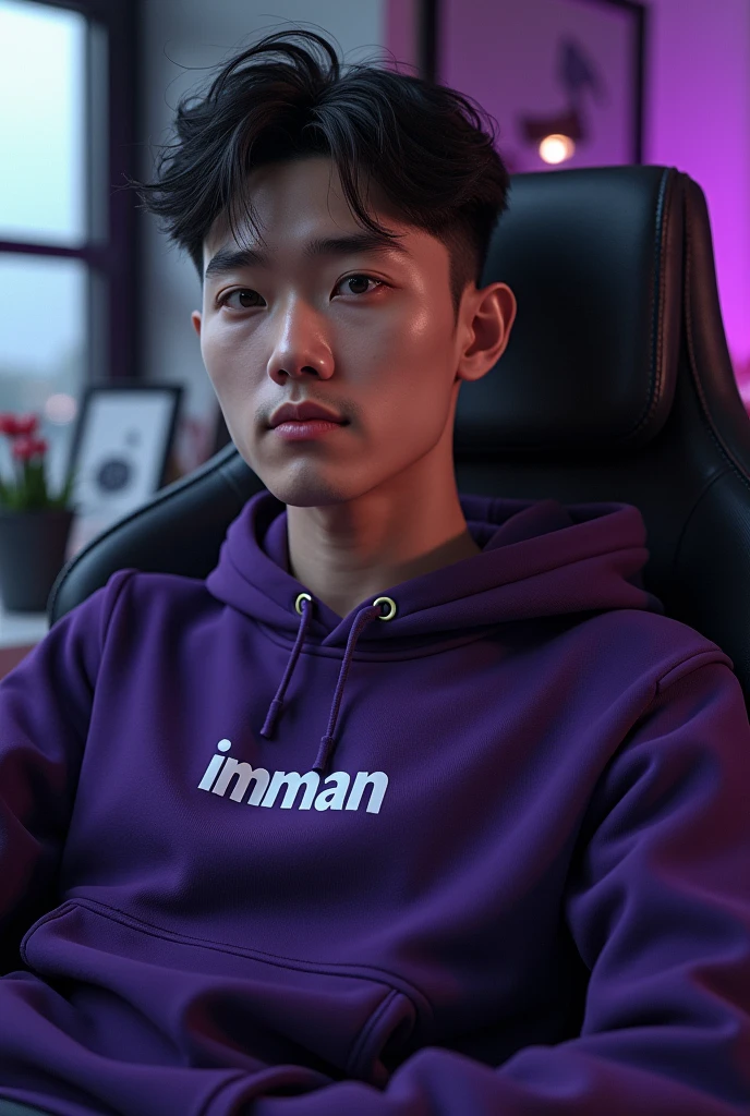 A handsome black Korean man sitting on a gaming chair wearing a dark purple decent hoody while wearing a black ball cap, with name on hoodie " imman "