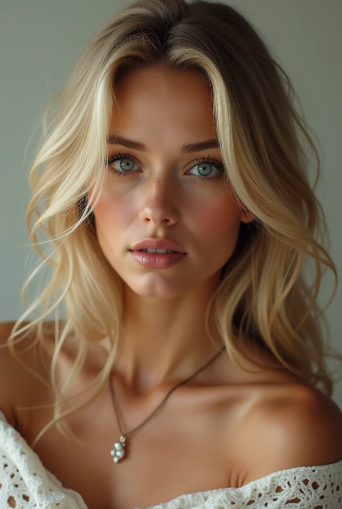 1 fille 1, seulement, Cheveux longs, taille moyenne , Regarder le spectateur, cheveux blonds, épaules nues, yeux bleu, Bijoux, tout le corps, Collier, Hors de l'épaule, arrêtez-vous, Lèvres, réaliste, nez, Flirter avec la caméra