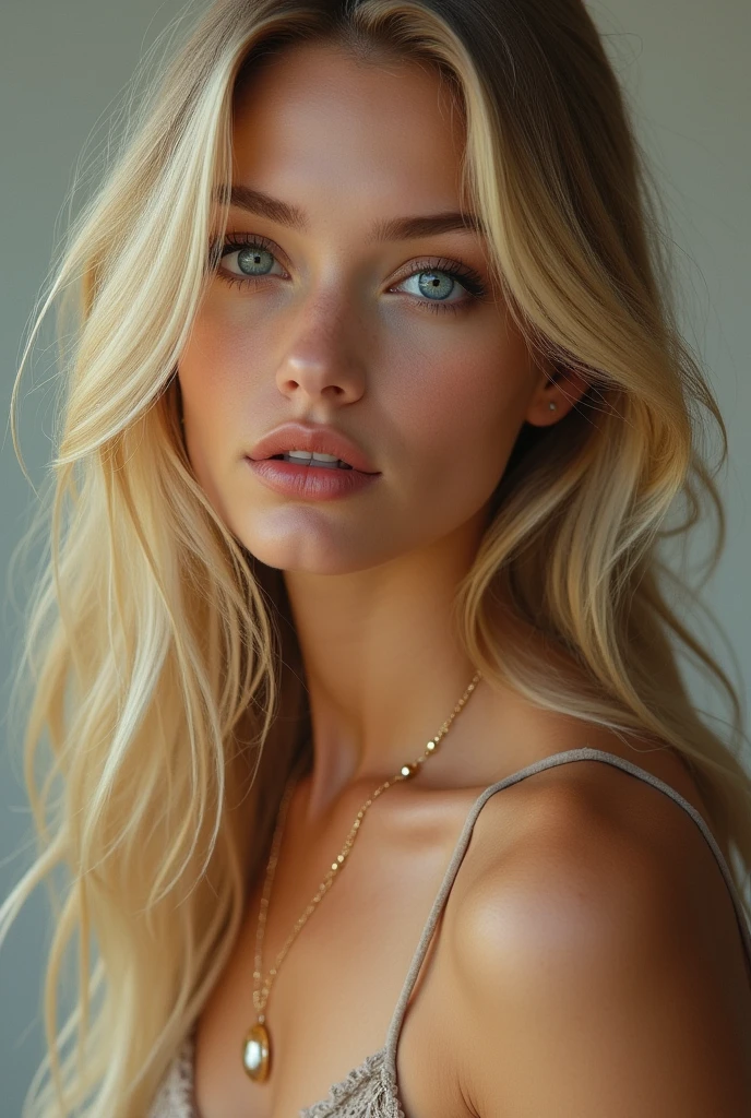 1 fille 1, seulement, Cheveux longs, taille moyenne , Regarder le spectateur, cheveux blonds, épaules nues, yeux bleu, Bijoux, tout le corps, Collier, Hors de l&#39;épaule, arrêtez-vous, Lèvres, réaliste, nez, Flirter avec la caméra