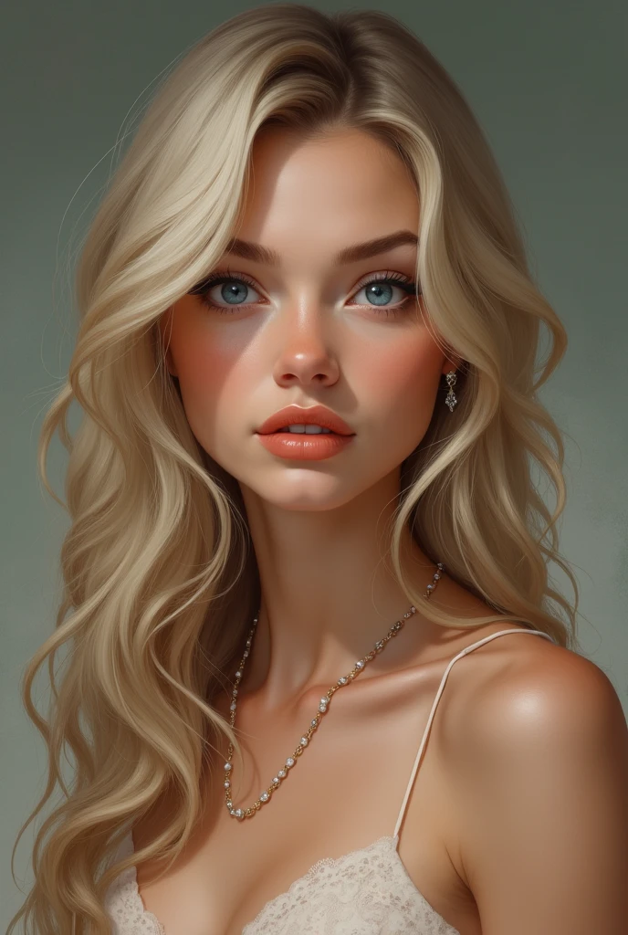 1 fille 1, seulement, Cheveux longs, taille moyenne , Regarder le spectateur, cheveux blonds, épaules nues, yeux bleu, Bijoux, tout le corps, Collier, Hors de l'épaule, arrêtez-vous, Lèvres, réaliste, nez, Flirter avec la caméra