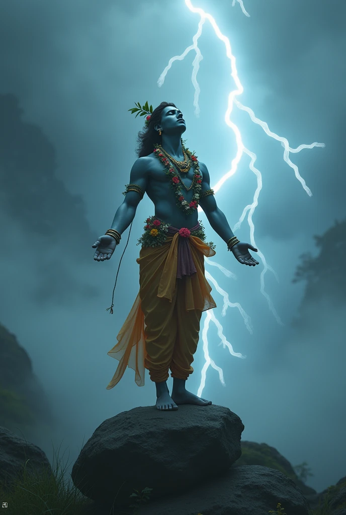 Krishna ji standing on a rock in foggy weathere with lightning striking in the back with hi hands wide open eyes closed and head up towards sky and a neckless of flowers in neck 
Ans muscular body 