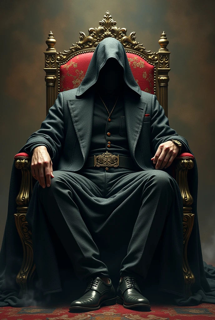 The king was smoking sitting on a chair with his face wrapped in a black cloth dressed in a coat.