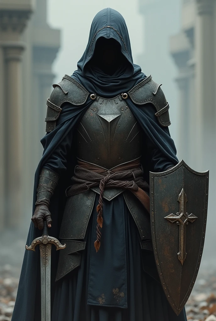 Young Dark Paladin, thin and slender with a saber in one hand and a small shield in the other, wearing an old, dark armor breastplate and a dark overcoat showing a bit of his face