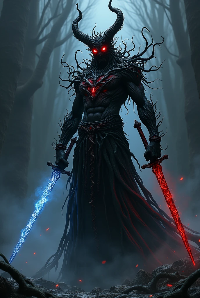 A demon made of black roots with red eyes with two katana-shaped swords, one blue and white and one black and red. Make the swords more menacing. Make the demon a swordsman. The red sword looks like Yone&#39;s. 