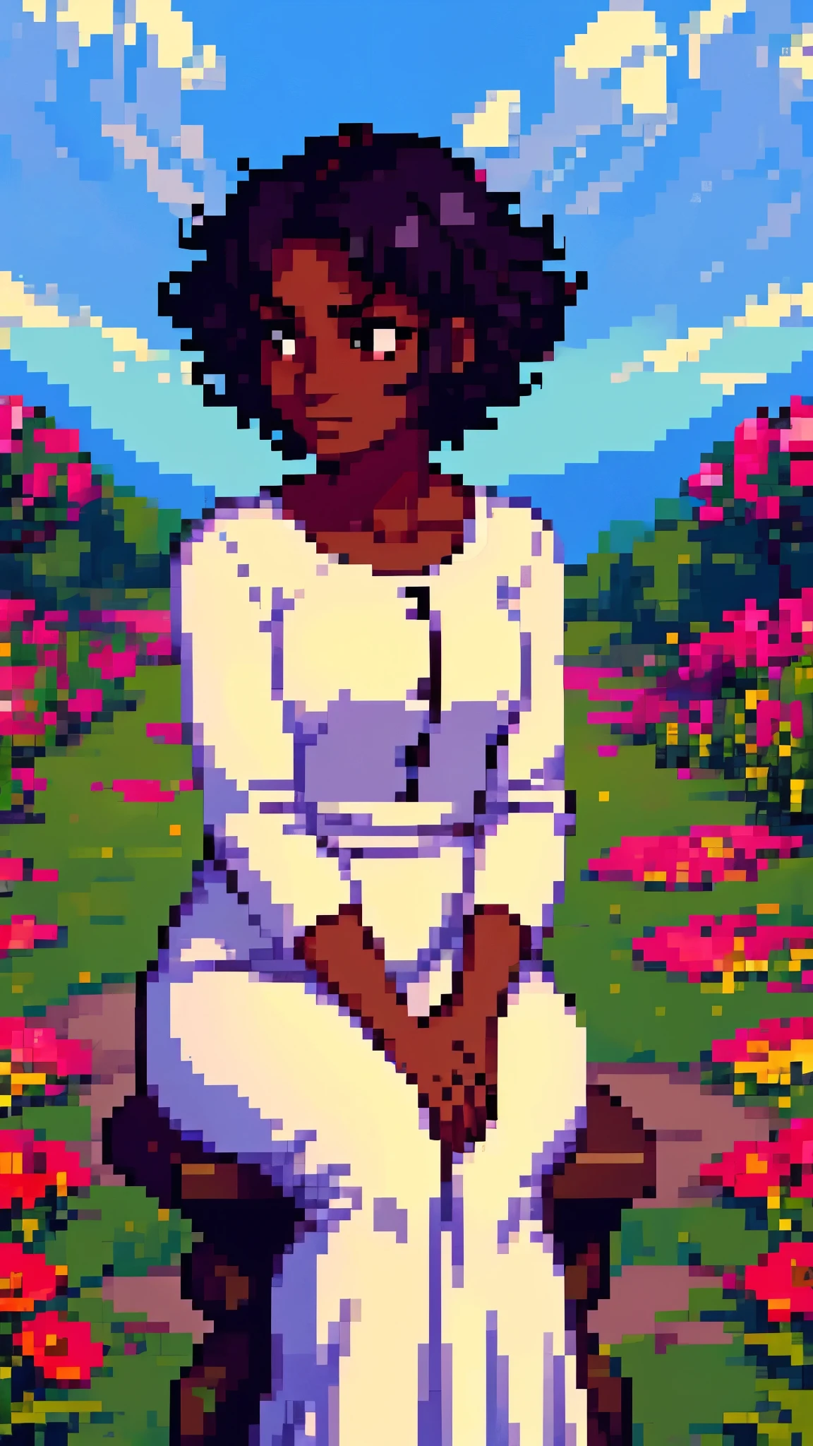 A girl with short curly hair, dark-skinned, is in an introspective and philosophical setting. She is sitting in a serene field, surrounded by softly colored flowers and trees. The sky around you has shades of blue, roxo e rosa, creating an environment of peace and melancholy, but also transmitting a slight feeling of happiness. A seems to be in a moment of deep reflection, with a thoughtful expression on his face. She wears light clothing, that matches the color palette around it, and the soft evening light gently illuminates your face and hair.

