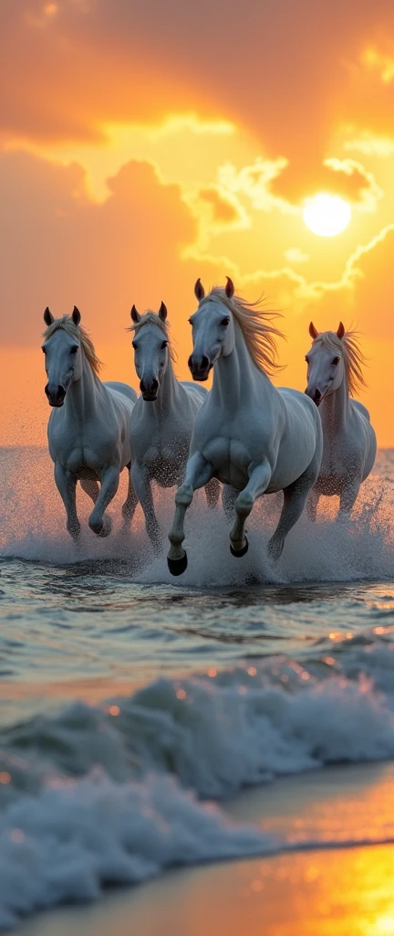 golden hour scene, 5 white horses running through the waves on a beach, masterpiece, backlit,