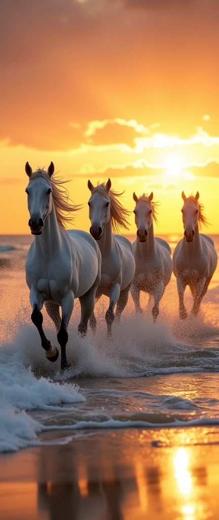 golden hour scene, 5 white horses running through the waves on a beach, masterpiece, backlit, 