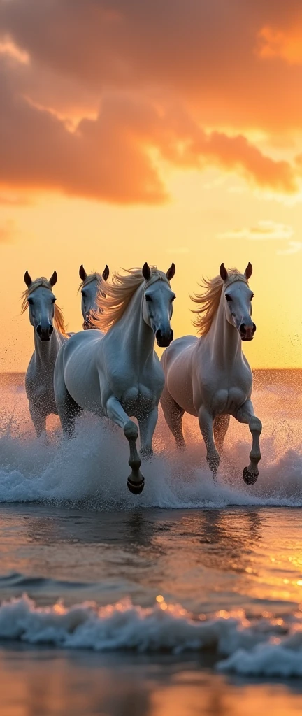 golden hour scene, 5 white horses running through the waves on a beach, masterpiece, backlit,