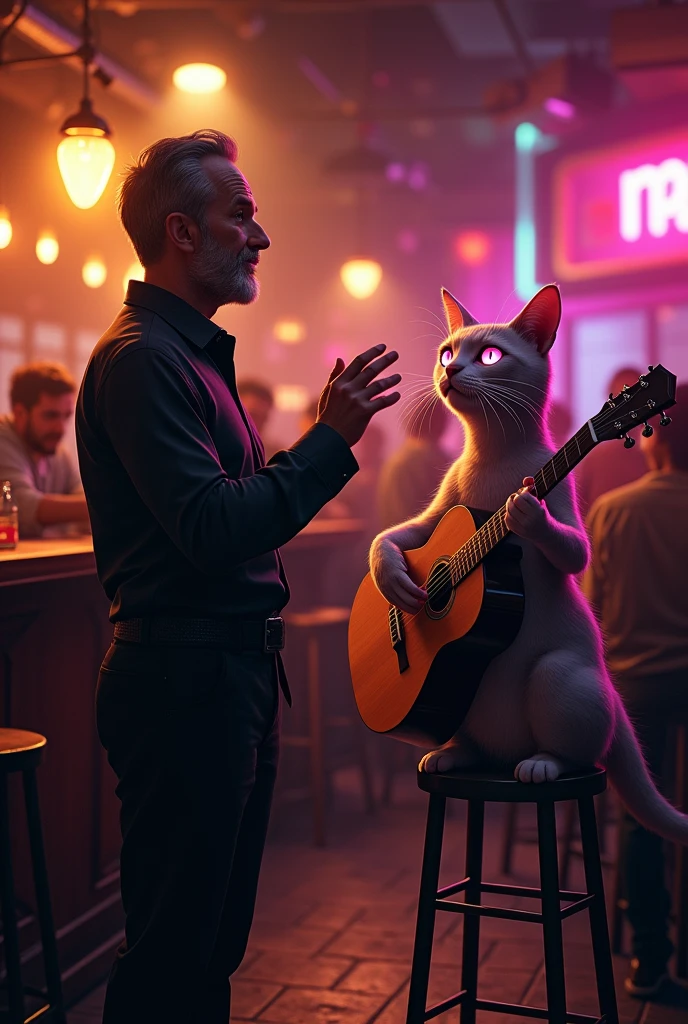 The owner of bar ( male in black clothes) introduce crowd with pink golden eyes cat playing guitar