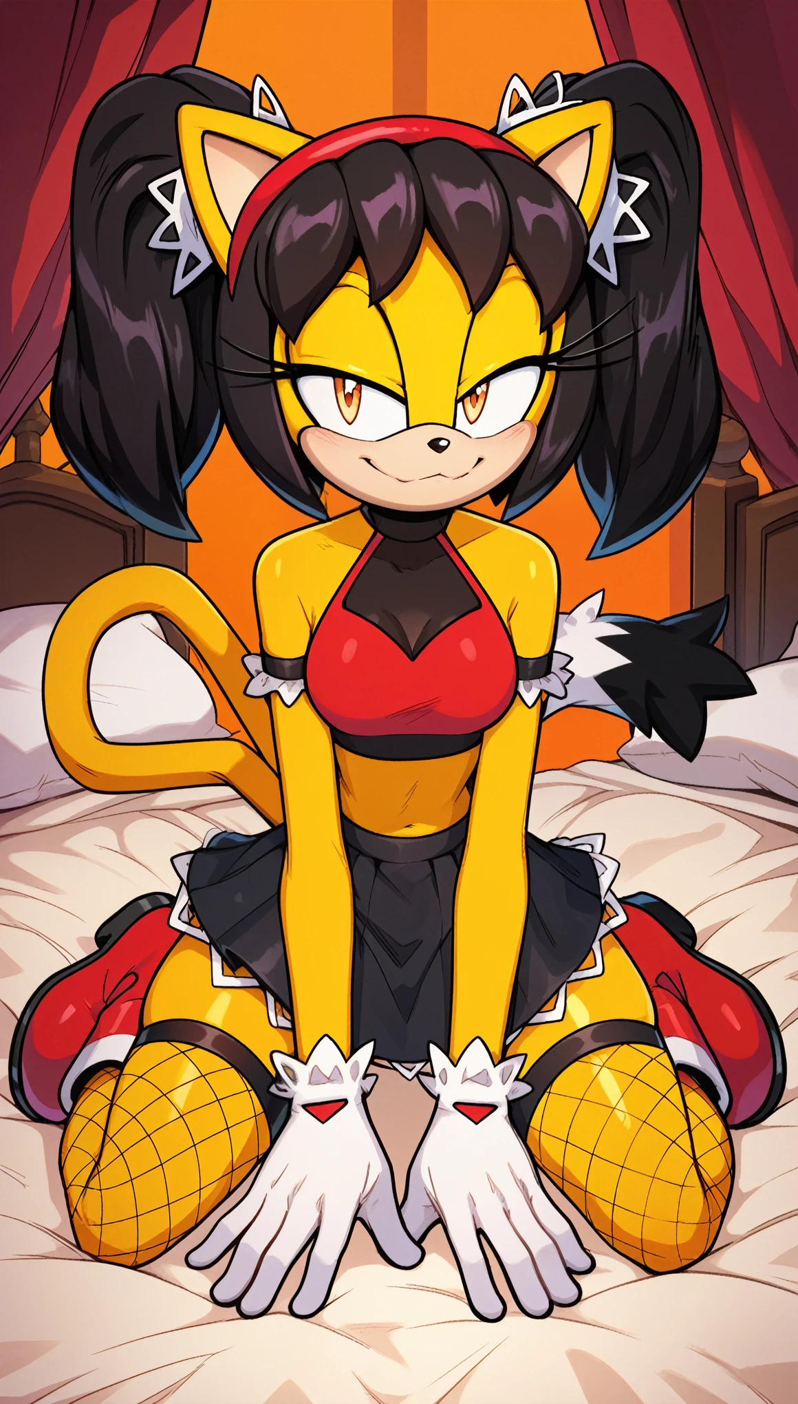 Seductive expression, 1girl, cute smile, anthro, furry, fur, fluffy fur, honey the cat, sonic (series), black hair, twintails, frilly hairbands, red bikini, black skirt, fishnet stockings, fishnet armwear, red boots, red hairband, (19 years), medium breast, thick thighs, solo, (hotel bedroom), detailed, smug smile, half-closed eyes, looking at the viewer, kneeling, spread legs, sitting over the bed, score_9, score_8_up, score_7_up, score_6_up, score_5_up, score_4_up