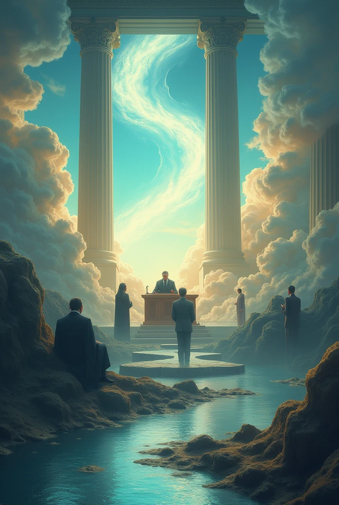 A trial with a defense attorney, a lawyer for the civil party, an accused and a judge. The Seine passes through paradise among the clouds