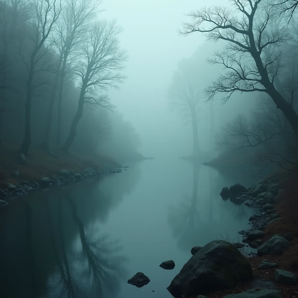Surroundings of a haunted, frightening lake, ghostly mist around the environment, realisitic, horror style