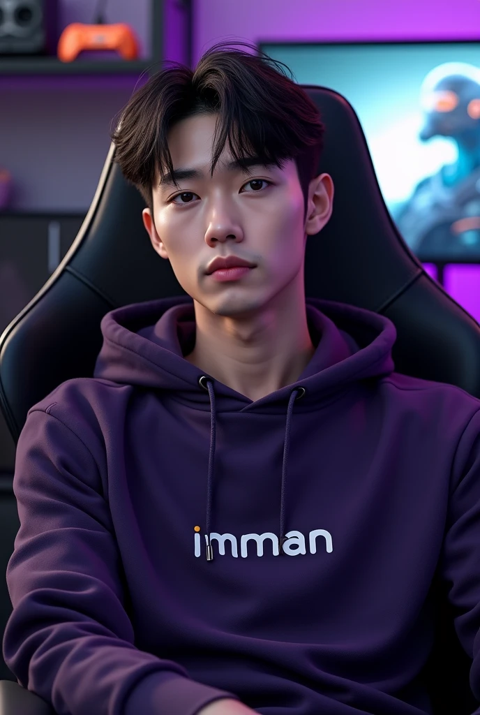 A handsome black Korean man sitting on a gaming chair wearing a dark purple decent hoody while wearing a black ball cap, with name on hoodie " imman "