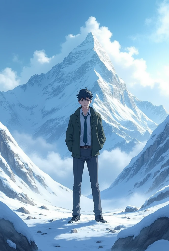 anime male character alone, wearing an office jacket, cold faced, standing pose on Mount Everest and putting both hands in pockets