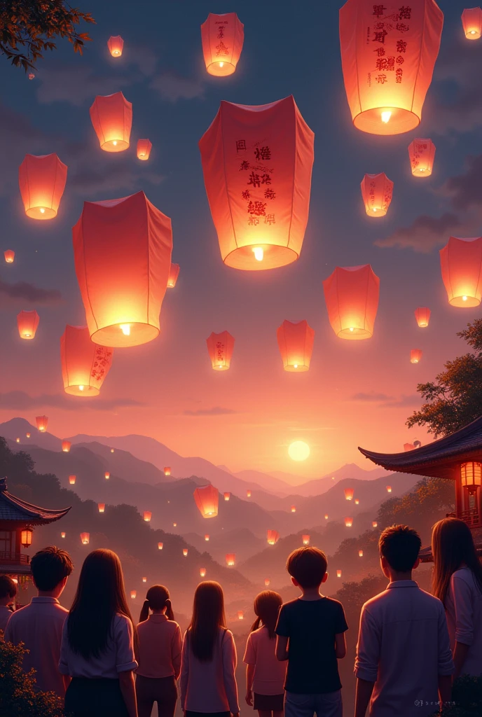 Chinese flying lanterns with people
