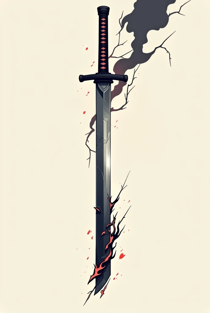 create a katana that has a same 2d graphics  of ninja saga plain background with vertical position with black flames on blade and add some cracks on blade and add lightning 