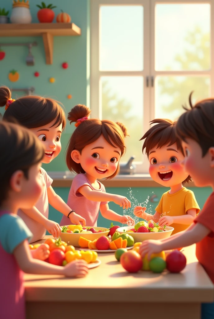 Create an animated image of children cooking a fruit salad
