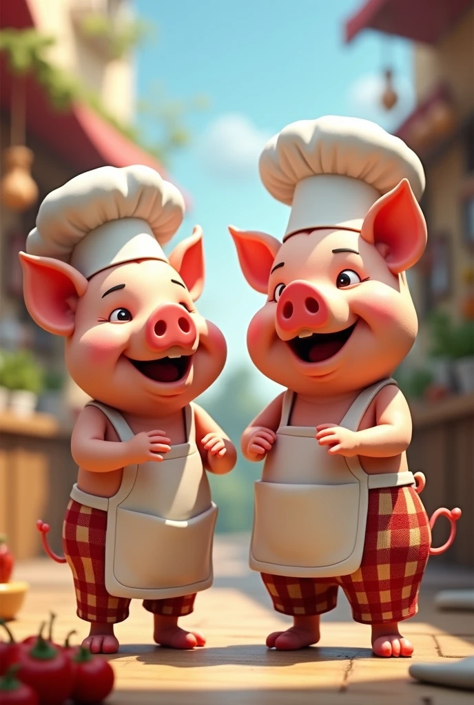 Couple of animated pigs dressed as chefs