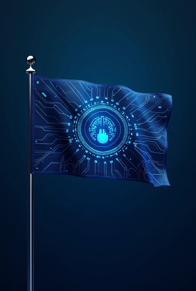 Flag Design Description:
Overall Shape: The flag is rectangular with a 3:2 ratio, providing a balanced and formal appearance.

Primary Colors:

Top Half: Midnight Blue (#003366), representing depth, stability, and professionalism.
Bottom Half: Electric Blue (#00BFFF), symbolizing innovation, energy, and dynamic digital activity.
Borders: The flag features a thin, Metallic Silver (#C0C0C0) border, symbolizing technological precision and modernity.

Central Emblem Placement: The emblem is centrally positioned, ensuring it is the focal point of the flag.

Emblem Design:
Core Symbol:

Digital Network: The emblem features a network of interconnected nodes and lines:
Nodes: Small, glowing spheres in Electric Blue, symbolizing various digital touchpoints. Each node has a gradient effect from light blue at the center to darker blue at the edges.
Connecting Lines: Sleek, silver lines that are slightly translucent, representing data flow and connectivity. Varying line thicknesses indicate different levels of connectivity within the network.
Central Focus:

Cursor Icon: A stylized cursor or arrow icon at the center:
Design: The cursor is in Metallic Silver with a gradient effect, transitioning from dark silver at the base to bright silver at the tip, with a subtle glow around it.
Position: The cursor points towards the top right of the flag, symbolizing direction and progress.
Circular Frame:

Design: The network is enclosed within a smooth, circular frame in Metallic Silver, slightly embossed to create a 3D effect.
Pattern: The frame features a subtle pattern of digital circuits or binary code etched into the surface, highlighting the technological aspect.
Additional Design Elements:
Background Texture:

Grid Pattern: The gradient background includes a subtle digital grid pattern in a darker shade of Blue (#002F5D). The grid features fine lines and small squares, resembling a digital matrix.
Visual Effects:

Lighting Effects: Nodes and the cursor icon have subtle lighting eff