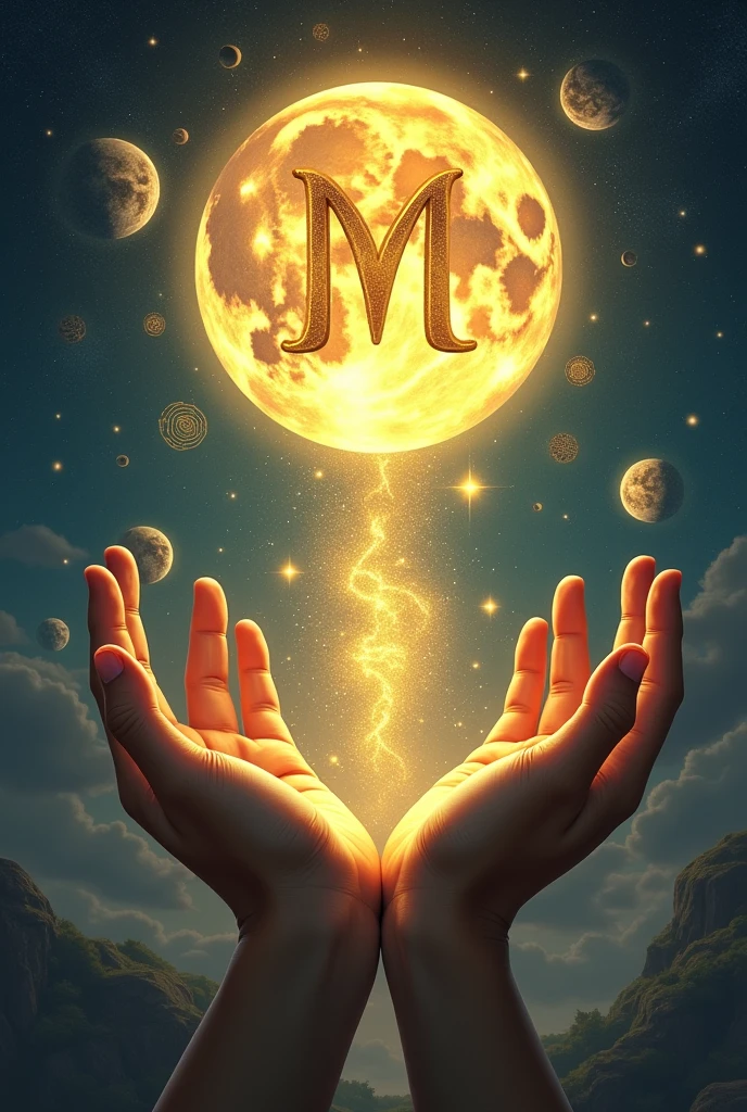 Scene: Night sky with a bright full moon in the center, illuminating the scene with a golden glow.
Hands: Two open hands in the foreground, each with the letter "엠" (M) glowing in gold.
Lunar Cycles: Subtle representations of the New and Full Moon phases around the hands.
Natural Elements: Textures of Earth, Water, Fire, and Air integrated into the background and around the hands.
Spiritual Symbols: Mandalas and runes floating around the hands and moon.
Aura of Light: Soft, ethereal aura around the hands and moon, symbolizing protection and spiritual power.