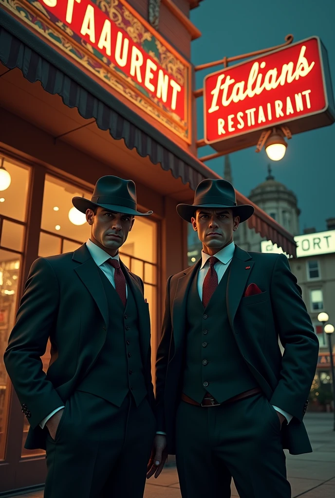 Two 1920s gangsters standing outside an italian restaurant. Restaurant sign says "ACG PRESENTS" using 3d cartoon imagry