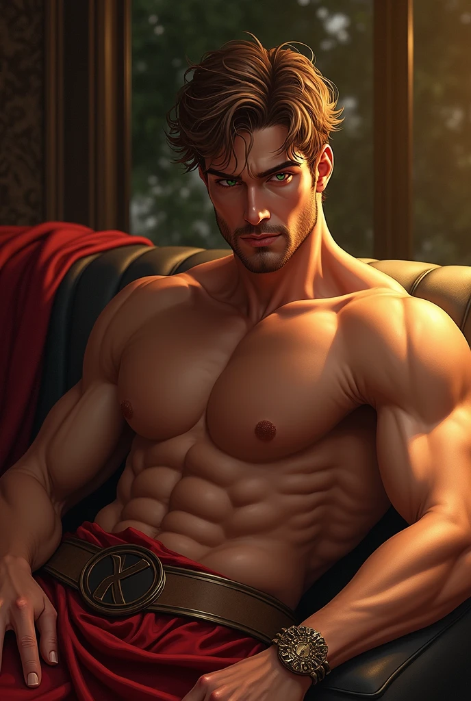 Chiaroscuro technique in the sensual illustration of a ager, Italian male model., handsome greek, He is the god of war, he is ares, Marte, evil looking, strong look, Light green eyes, strong jaw, light brown hair, warrior dress, ancient gladiator, men's gladiator skirt, matte paint, By Harumi Hironaka, extremely soft colors, Vibrant, Very detailed, Digital artwork, high contrast, dramatic golden, refined, tonal, an intimate, Seductive studio environment with a focus on sensuality and romance. Use soft, warm lighting that bathes the space with a soft, attractive glow. Incorporates luxurious fabrics, plush furniture, and a touch of decadence to evoke an opulent atmosphere. The scene should radiate an air of serenity and anticipation., inviting the viewer to a sensual and romantic space. anime style.
