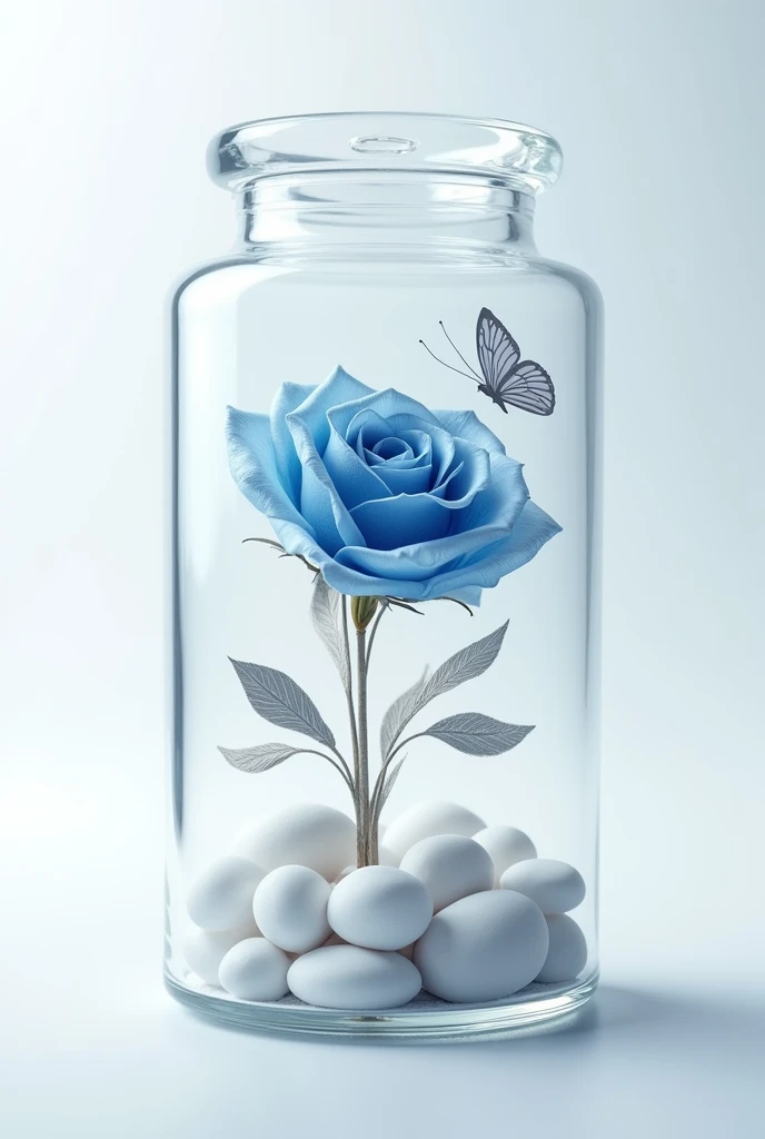 Small square glass jar with a dried blue rose on white stones and silver butterflies inside the jar