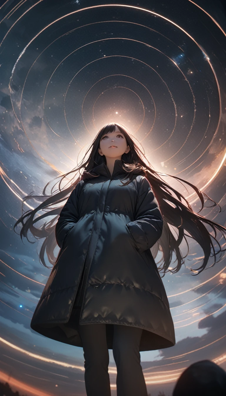 8k,wallpaper of extremely detailed CG unit, masterpiece,hight resolution,top-quality,top-quality real texture skin,hyper realisitic,increase the resolution,RAW photos,best qualtiy,highly detailed,the wallpaper,cinematic lighting,ray trace,golden ratio, BREAK ,many stars twinkling in a beautiful bright winter night sky, long exposure starry sky with many circular orbits, silhouette of a cute young woman with long hair with her hands in her coat pockets looking up at it, photo taken from long distance, photo from below, beautiful kaleidoscope multiple exposures overlapping