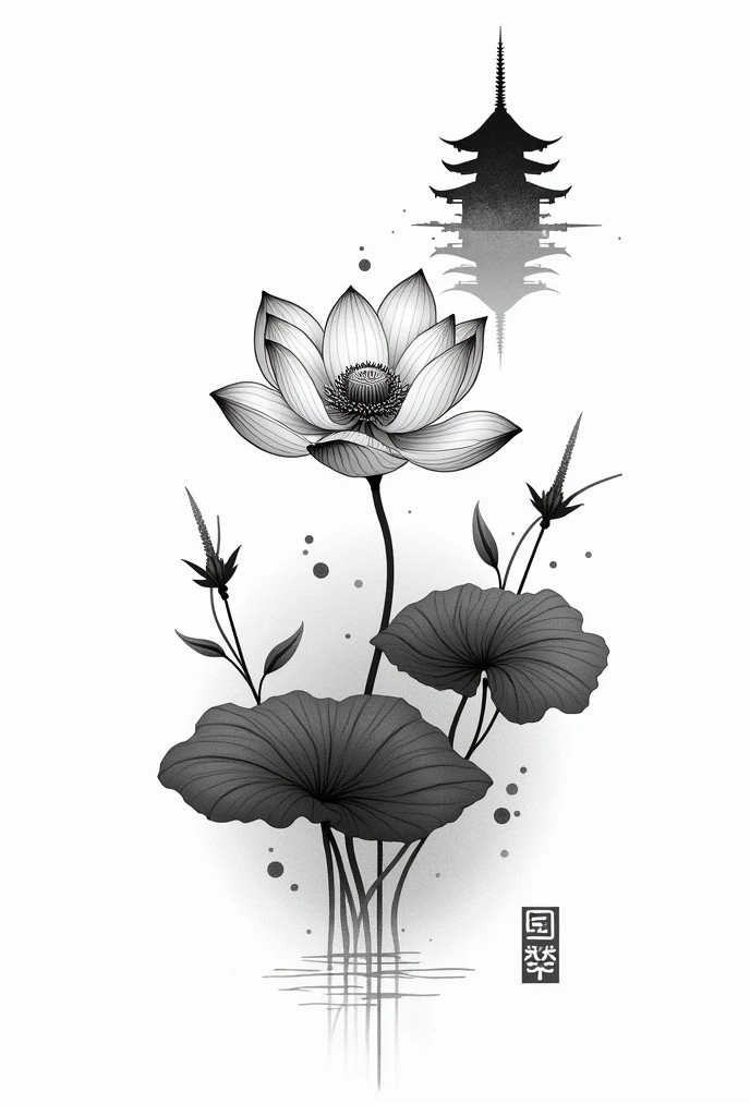 Tatouage fleur de lotus inspireration temple Japonais boudiste et samouraï sans couleur